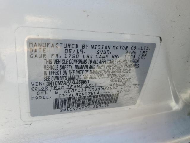 3N1CN7AP7KL869691 - 2019 NISSAN VERSA S WHITE photo 12