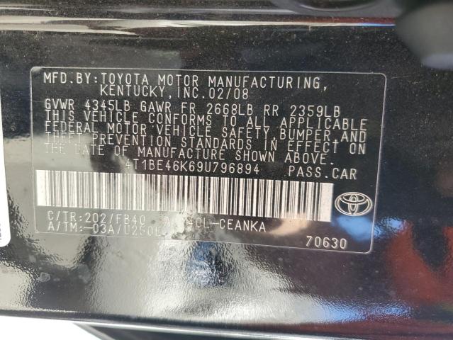 4T1BE46K69U796894 - 2009 TOYOTA CAMRY BASE BLACK photo 12