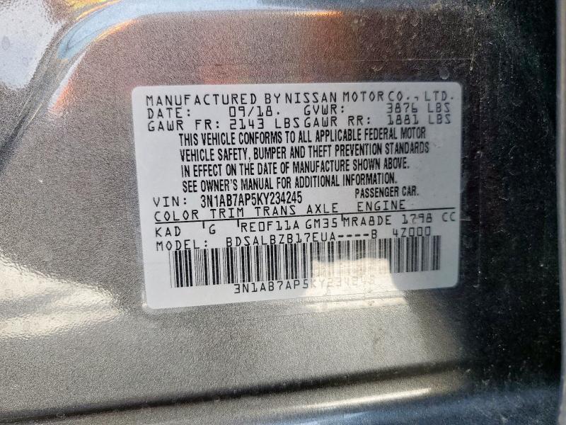 3N1AB7AP5KY234245 - 2019 NISSAN SENTRA S GRAY photo 13