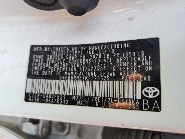 5YFBURHEXKP896625 - 2019 TOYOTA COROLLA L თეთრი ფოტო 12