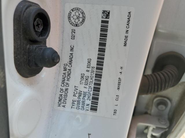 2HGFC2F70LH013916 - 2020 HONDA CIVIC EX WHITE photo 13