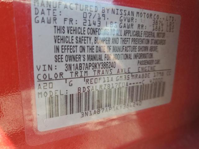 3N1AB7AP9KY386240 - 2019 NISSAN SENTRA S 红色 照片 13