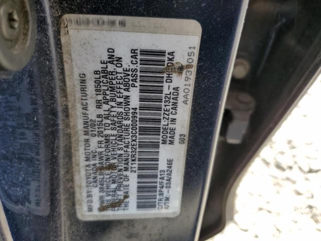 2T1KR32EX3C000994 - 2003 TOYOTA COROLLA MA XR BLUE photo 12