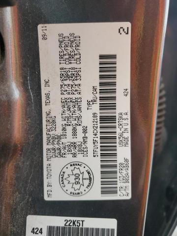 5TFUY5F14CX212189 - 2012 TOYOTA TUNDRA DOUBLE CAB SR5 GRAY photo 12