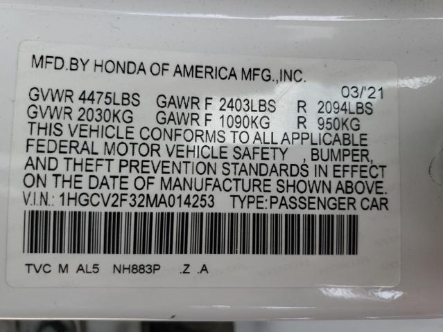 1HGCV2F32MA014253 - 2021 HONDA ACCORD SPORT 白色 照片 12