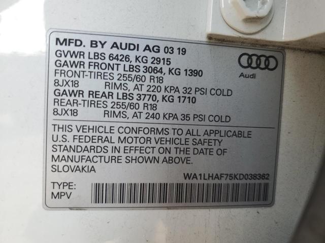 WA1LHAF75KD038362 - 2019 AUDI Q7 PREMIUM PLUS WHITE photo 14