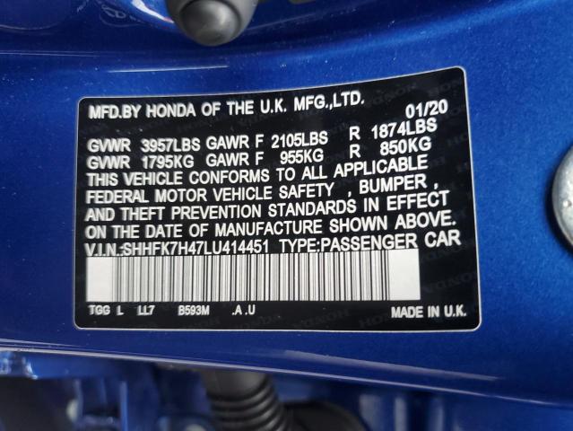SHHFK7H47LU414451 - 2020 HONDA CIVIC SPORT BLUE photo 12