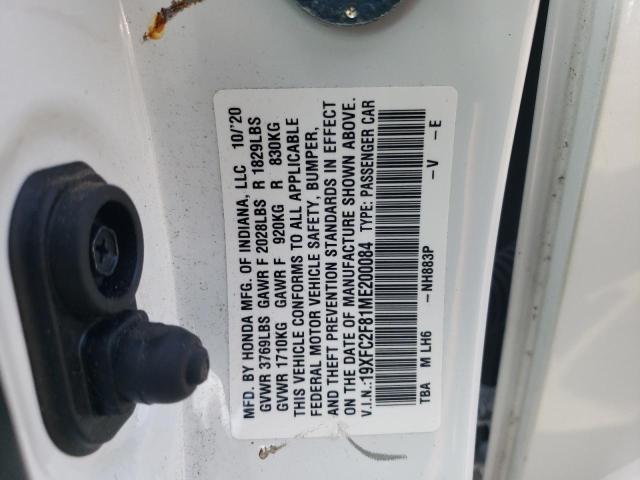 19XFC2F81ME200084 - 2021 HONDA CIVIC SPORT WHITE photo 12