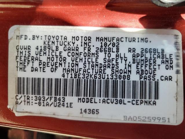 4T1BE32K63U133008 - 2003 TOYOTA CAMRY LE BURGUNDY photo 12