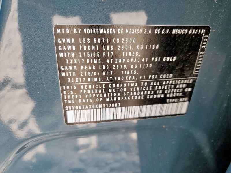 3VV0B7AX6KM117887 - 2019 VOLKSWAGEN TIGUAN S BLUE photo 13