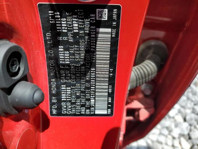 JHMFC1F38JX020626 - 2018 HONDA CIVIC EX RED photo 12