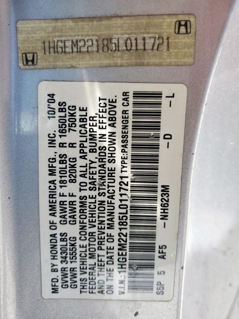 1HGEM22185L011721 - 2005 HONDA CIVIC DX VP Серебристый фото 12