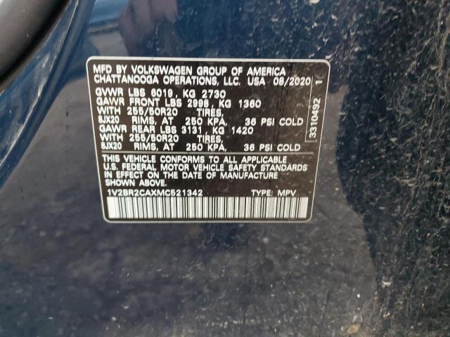 1V2BR2CAXMC521342 - 2021 VOLKSWAGEN ATLAS SEL BLUE photo 13