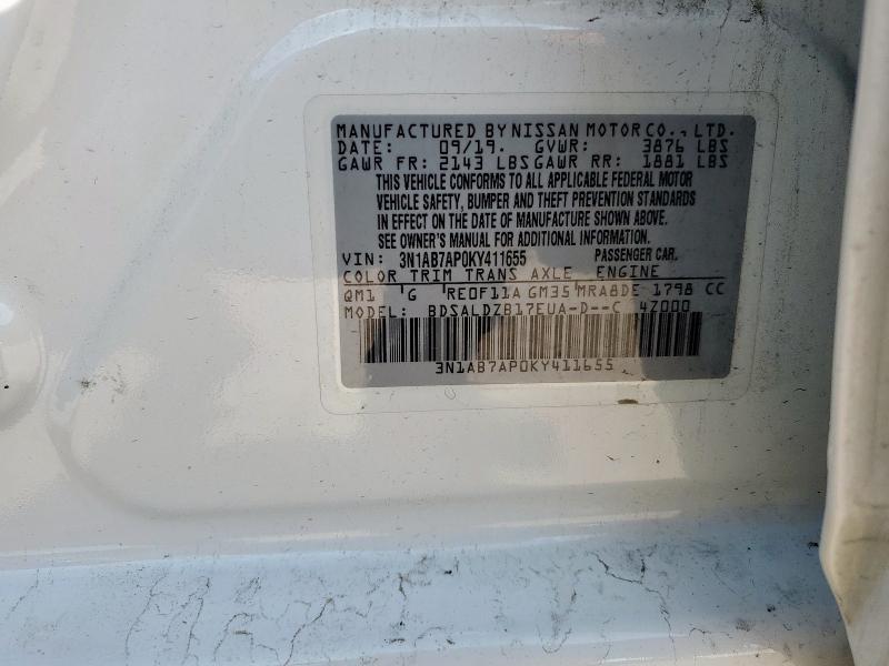 3N1AB7AP0KY411655 - 2019 NISSAN SENTRA S WHITE photo 12