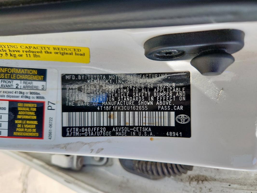 4T1BF1FK3CU162655 - 2012 TOYOTA CAMRY BASE Ağ foto 12