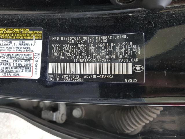 4T1BE46K17U547674 - 2007 TOYOTA CAMRY CE BLACK photo 12