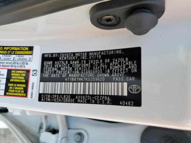 4T1B61HK7KU209620 - 2019 TOYOTA CAMRY XSE Weiß Foto 12