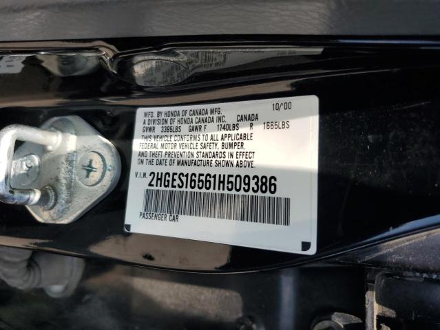 2HGES16561H509386 - 2001 HONDA CIVIC LX BLACK photo 12