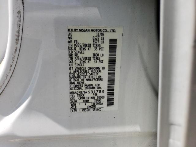 1N6BA07B76N531783 - 2006 NISSAN TITAN XE WHITE photo 12