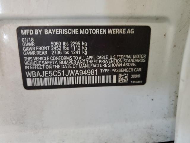 WBAJE5C51JWA94981 - 2018 BMW 540 I WHITE photo 12