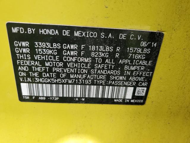3HGGK5H5XFM713193 - 2015 HONDA FIT LX YELLOW photo 12
