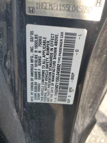 1HGEM21155L045892 - 2005 HONDA CIVIC DX VP BLACK photo 12