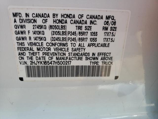 2HJYK16547H500217 - 2007 HONDA RIDGELINE RTL WHITE photo 12