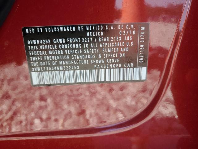 3VWL17AJ4GM322753 - 2016 VOLKSWAGEN JETTA SEL RED photo 12