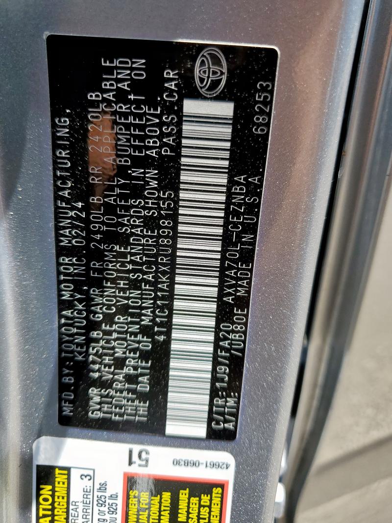 4T1C11AKXRU898155 - 2024 TOYOTA CAMRY LE 银色 照片 12