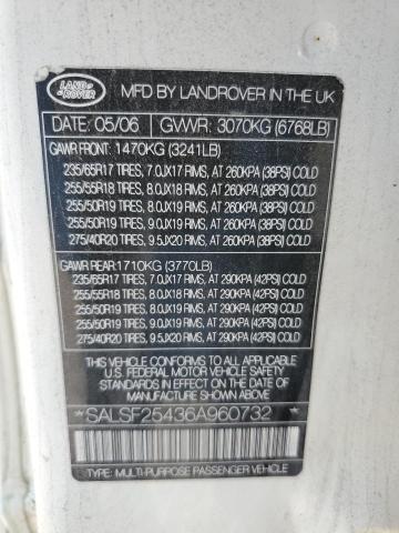 SALSF25436A960732 - 2006 LAND ROVER RANGE ROVE HSE WHITE photo 13