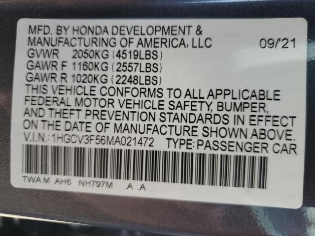 1HGCV3F56MA021472 - 2021 HONDA ACCORD HYBRID EXL CHARCOAL photo 12