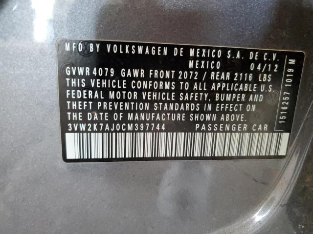 3VW2K7AJ0CM397744 - 2012 VOLKSWAGEN JETTA BASE 灰色 照片 13