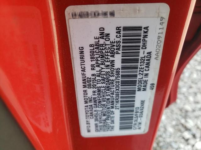 2T1KR38EX3C075685 - 2003 TOYOTA COROLLA MA XR RED photo 12