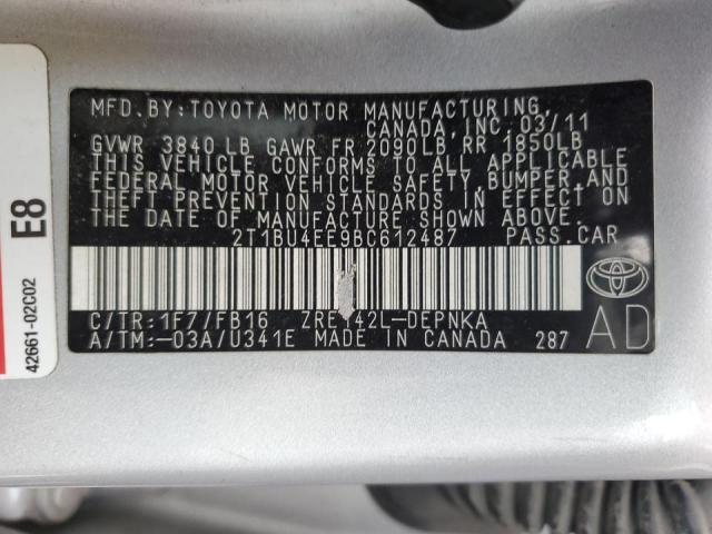 2T1BU4EE9BC612487 - 2011 TOYOTA COROLLA BASE SILVER photo 10