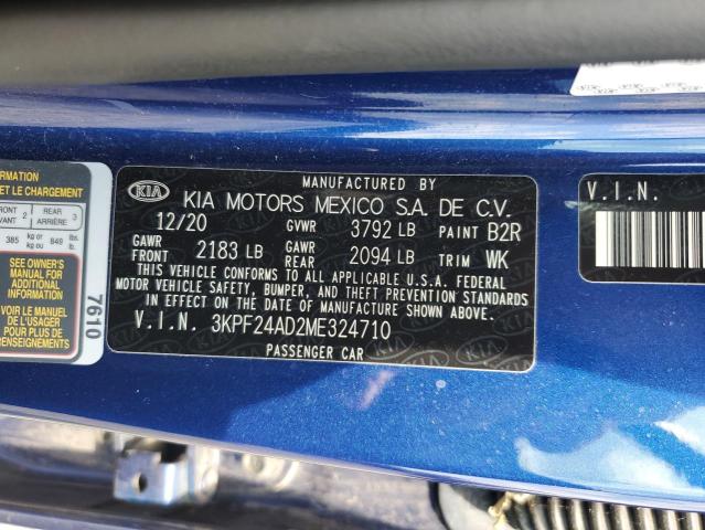 3KPF24AD2ME324710 - 2021 KIA FORTE FE BLUE photo 12