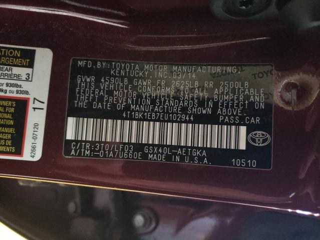 4T1BK1EB7EU102944 - 2014 TOYOTA AVALON BASE 勃艮第红 照片 13