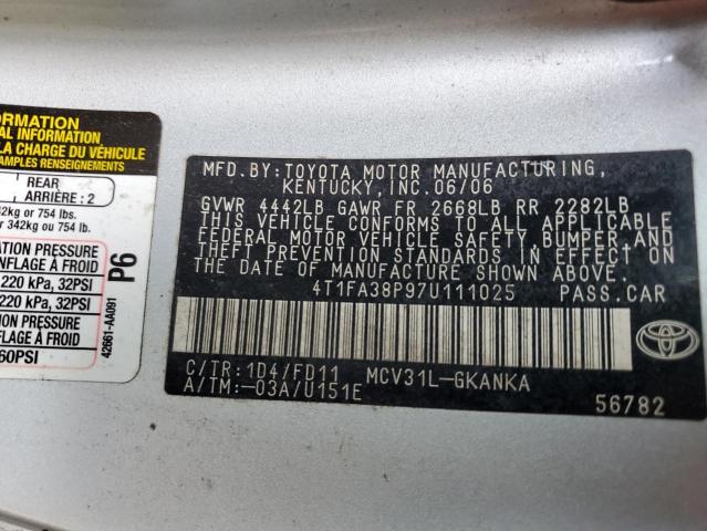 4T1FA38P97U111025 - 2007 TOYOTA CAMRY SOLA SE SILVER photo 12