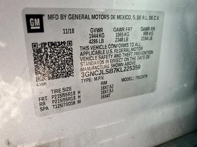 3GNCJLSB7KL225359 - 2019 CHEVROLET TRAX 1LT 银色 照片 13