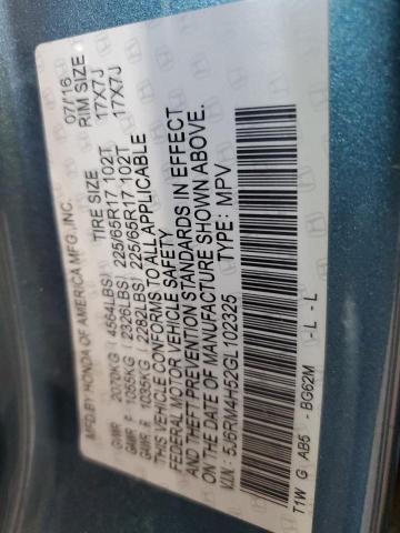 5J6RM4H52GL102325 - 2016 HONDA CR-V EX BLUE photo 14
