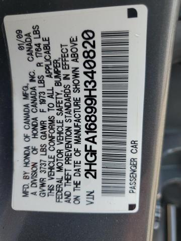2HGFA16899H340820 - 2009 HONDA CIVIC EX GRAY photo 12