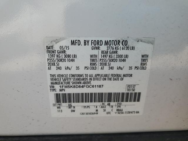 1FM5K8D84FGC61187 - 2015 FORD EXPLORER XLT WHITE photo 13