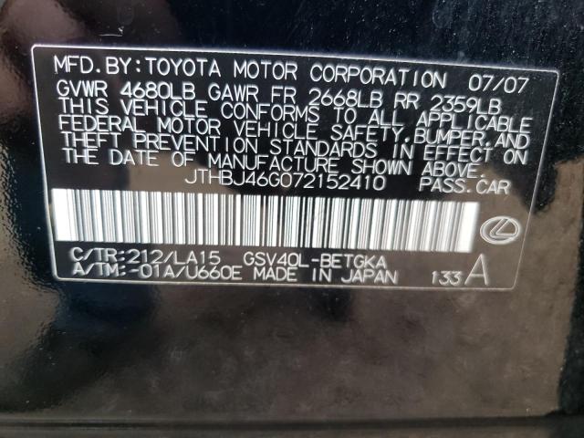 JTHBJ46G072152410 - 2007 LEXUS ES 350 BLACK photo 12