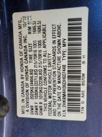 2HKRM4H36DH607448 - 2013 HONDA CR-V LX BLUE photo 14