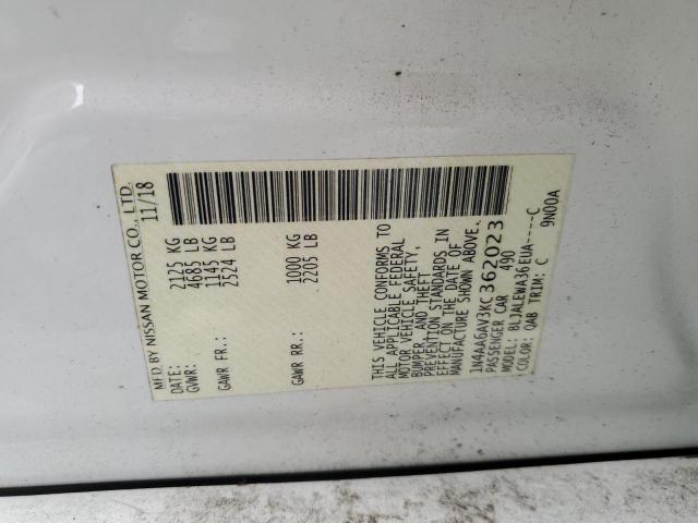 1N4AA6AV3KC362023 - 2019 NISSAN MAXIMA S თეთრი ფოტო 12