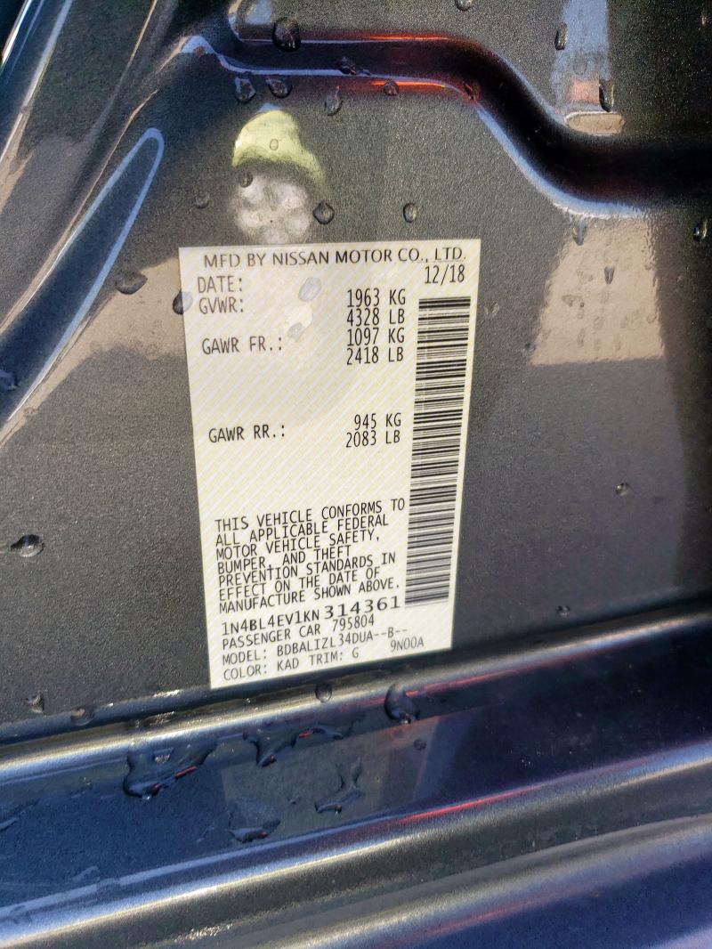 1N4BL4EV1KN314361 - 2019 NISSAN ALTIMA SL GRAY photo 13