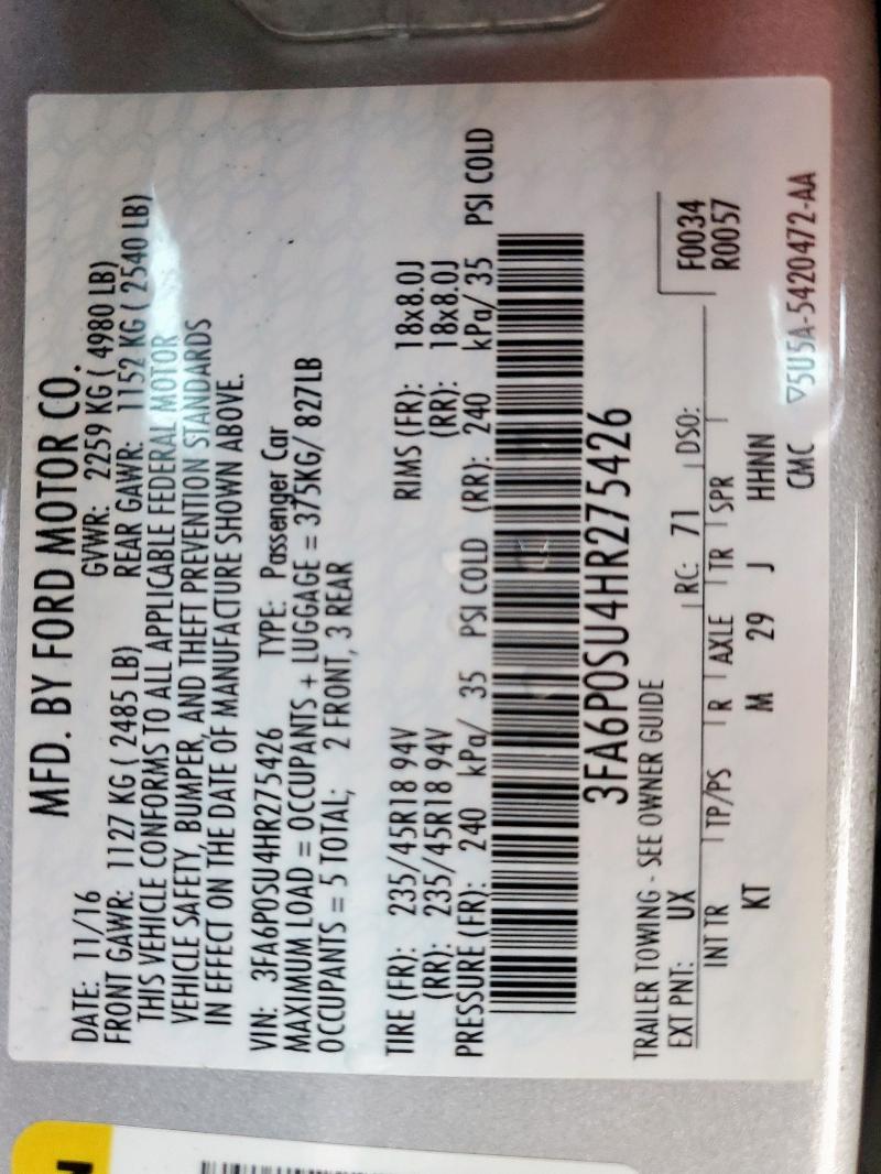 3FA6P0SU4HR275426 - 2017 FORD FUSION TITANIUM PHEV Күміс фото 13