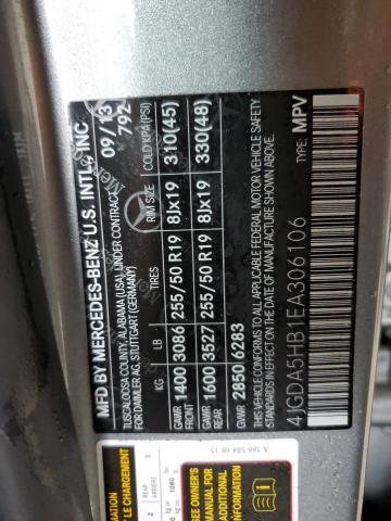 4JGDA5HB1EA306106 - 2014 MERCEDES-BENZ ML 350 4MATIC GRAY photo 14