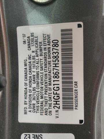 2HGFG11867H583780 - 2007 HONDA CIVIC EX GRAY photo 12