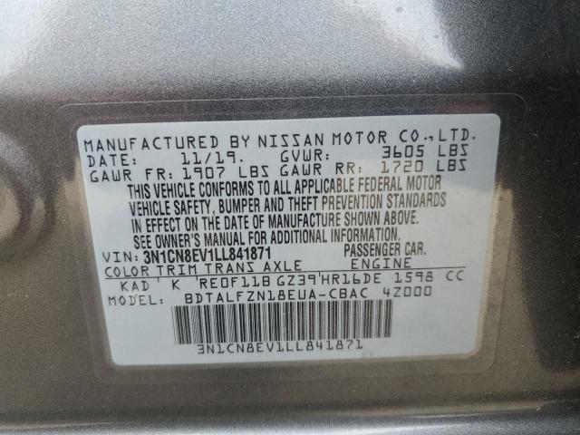 3N1CN8EV1LL841871 - 2020 NISSAN VERSA SV GRAY photo 10