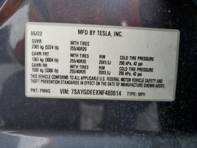 7SAYGDEEXNF480814 - 2022 TESLA MODEL Y 灰色 照片 12